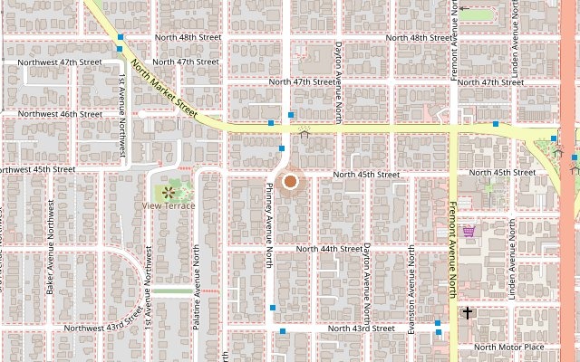 Street map showing the office at 407 N. 45th Street, near the corner of N. 45th Street and Phinney Avenue N in Seattle.